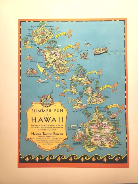 Summer Fun In Hawaii Islands Map Activities Attractions Vintage Print Ad 1930