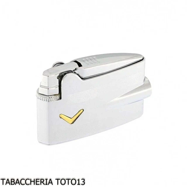 Accendino Ronson mini Varaflame V dorata su cromo lucido e righe