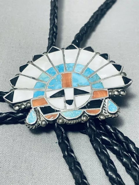 Important Older Vintage Zuni Turquoise Sunface Sterling Silver Inlay Bolo Tie