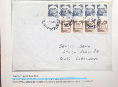 CIB_052 STORIA POSTALE castelli bobina LETTERA TARIFFA 650-1989 