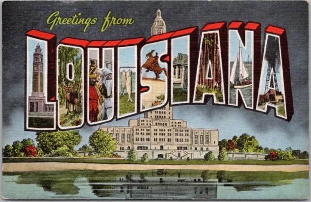 Vintage 1940s LOUISIANA Large Letter Postcard State Capitol View / KROPP Linen