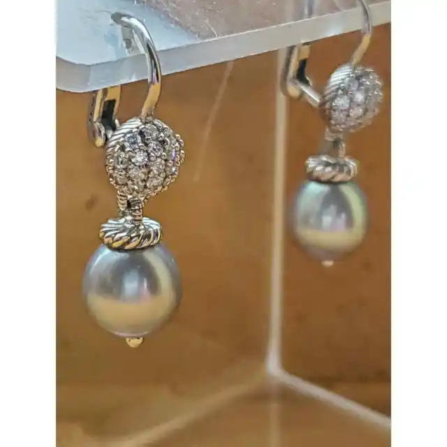 Judith Ripka Gray Cultured Pearl CZ Drop Sterling Silver Dangling Earrings