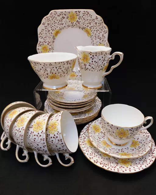 Vintage Gladstone English Bone China Tea Set 6 Trios Cake Plate Milk Sugar 1950s