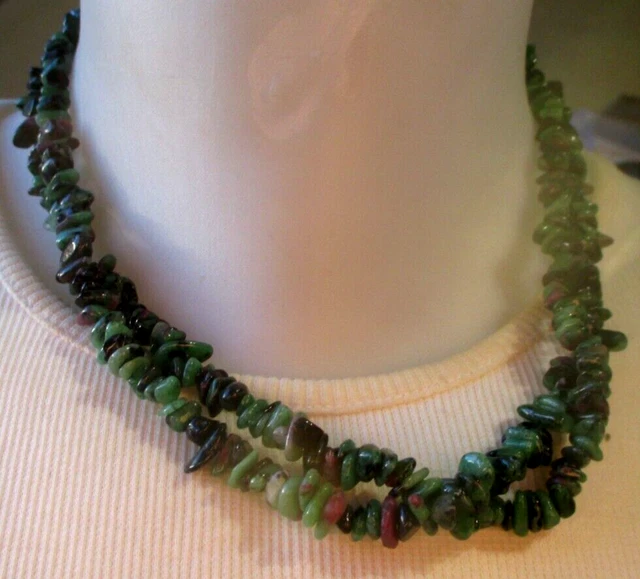 Collier Sautoir Vintage Avec Pierres Naturelles Vertes - Bijou Ancien - Occasion