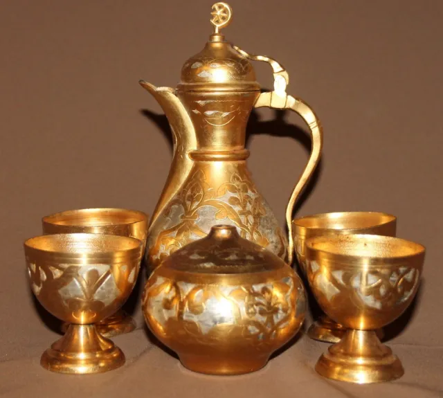 Vintage Islamic Ornate Metal Set Teapot, Sugar Bowl And 4 Goblets