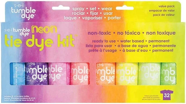 S.E.I. Kit de tie-dye de neón, tinte en aerosol de tela, 8 colores surtidos