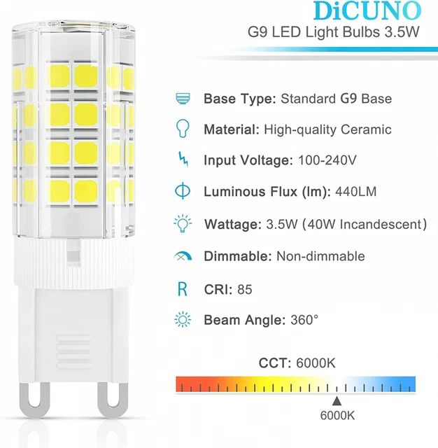 DiCUNO G9 LED Glühbirnen 3,5 W, 440LM, 6 Stück (1er Pack), kühlweiß 2