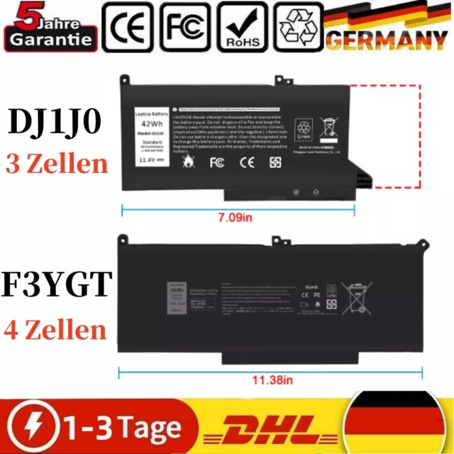 F3YGT丨DJ1J0 Akku für Dell Latitude 7280 7380 7390 7480 E7380 E7480 3/4 Zellen