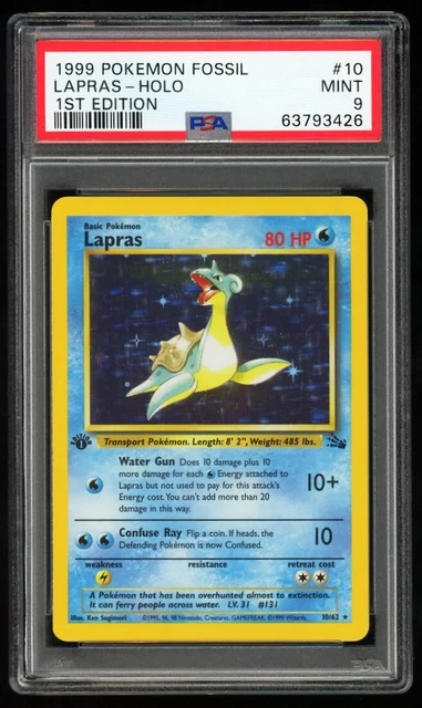 Pokémonkarte PSA 9 Lapras 1ST EDITION Holo Fossil selten 10/62 1999 Vintage Ohne Etikett