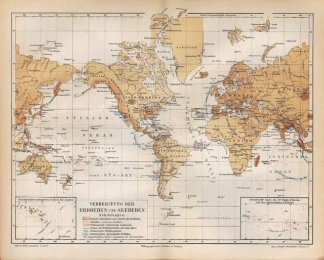 Landkarte map 1890: VERBREITUNG DER ERDBEBEN UND SEEBEBEN. Vulkane