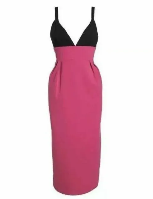 Jill Jill Stuart Deep V-Neck Plunge 2 Colorblock  Midi Dress Black/Pink Pockets