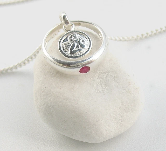 Mädchen Baby Taufe Taufring Roter Rubin Mit Kreuz Anhänger Und Kette Silber 925