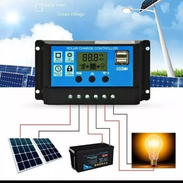 20A Solar Panel Regulator Battery Charge Controller LCD Auto Dual USB 12V/24V