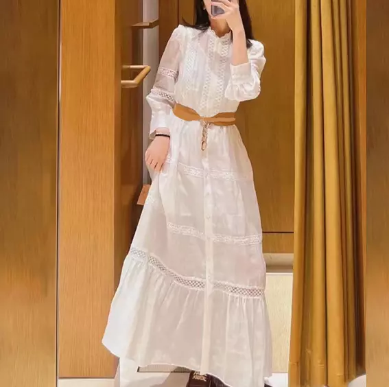 Women Sandro French Style Dress Lace Hollowed Out Puff Sleeves White Dress