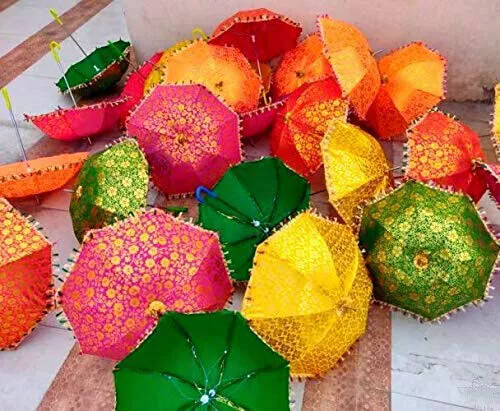 Indian Parasol Lot Of 10 Pcs Decor Rajasthan Umbrellas Mirror Work Wholesale