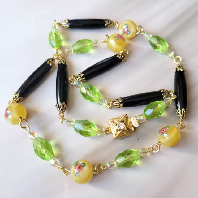 Vintage Lampwork Necklace 19'' Murano Glass Czech Bead Women`s Jewelry Art Deco
