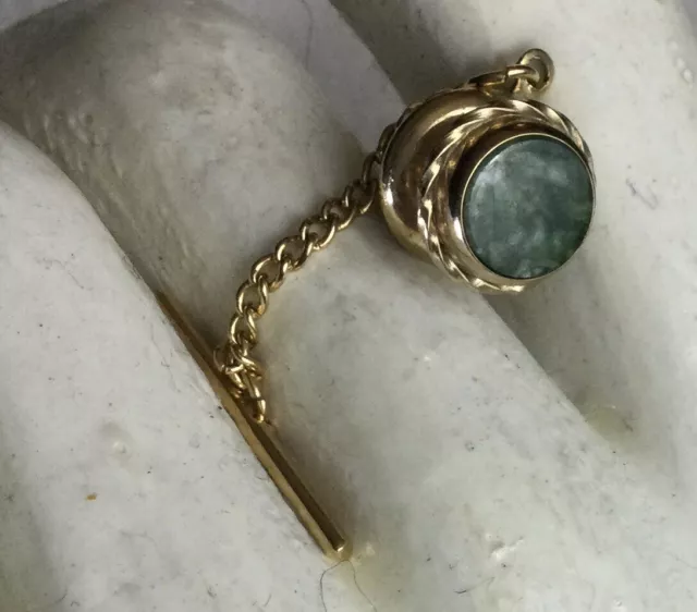 Vintage Tie Pin Tack: Gold Tone With Chain with Round Jadeite Stone