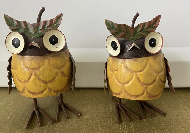 VTG Folk Art Pair Metal Owl Bobble Figures 5” Tall