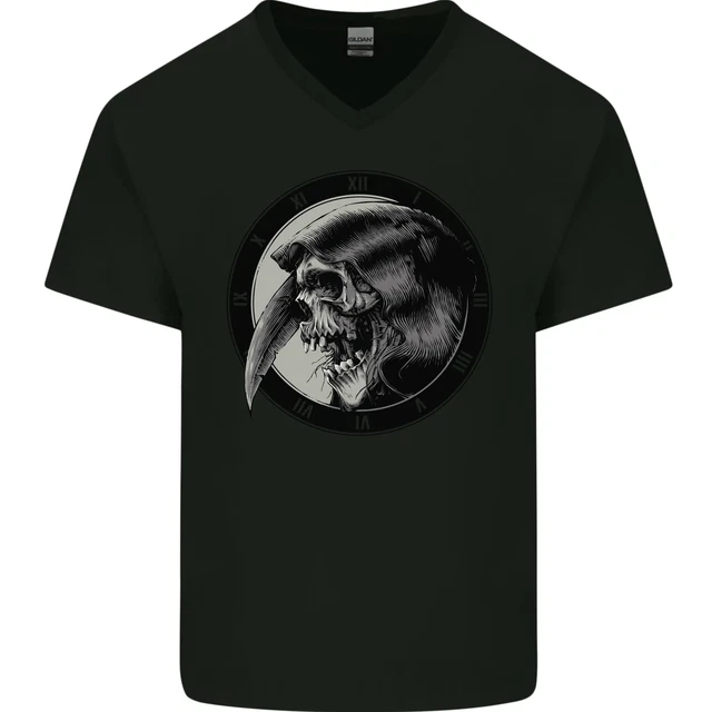 T-shirt cotone Grim Reaper Teschio Biker Gotico Demone Da Uomo Collo a V
