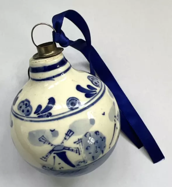 Vintage Christmas Tree Bauble Delft Blue & White Windmill Holland Netherlands