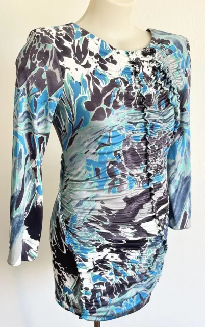 Emilio Pucci Dress Ocean Abstract Blue Ruched silk jersey Stretch Size IT 40-S