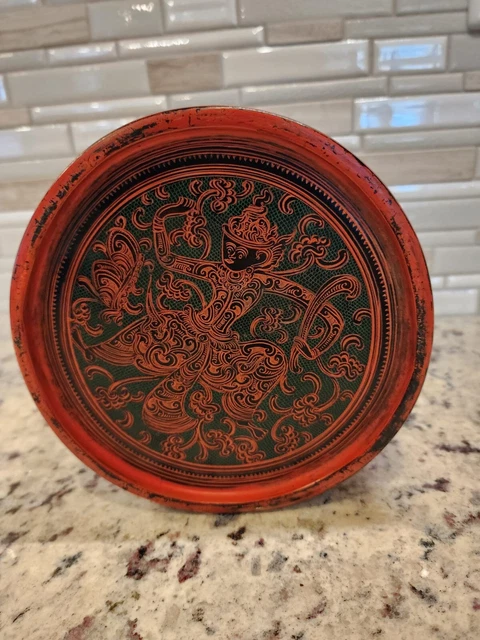 Burmese Asian Orange Lacquer Betel Nut Box RARE Zodiac and Maker Inscription 11