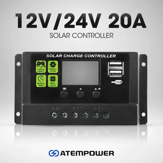 20A 12V/24V Solar Panel Battery Regulator Charge Controller LCD 20AMP PWM USB