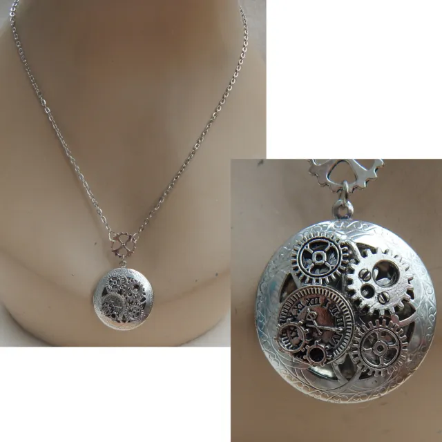 Steampunk Necklace Locket Pendant Handmade Pill Box Stash New Silver Cosplay