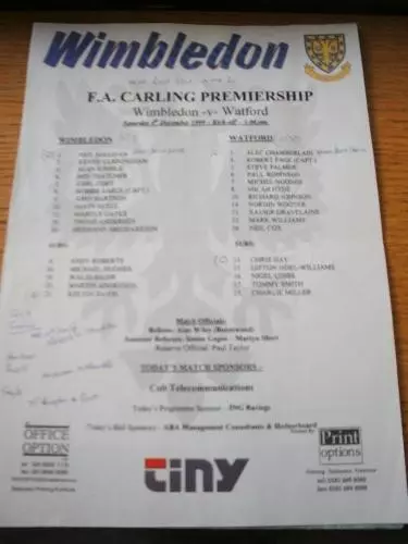 04/12/1999 Colour Teamsheet: Wimbledon v Watford (Folded, Writing On Front). No