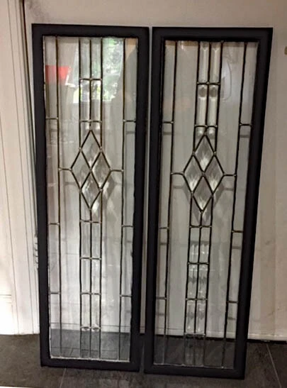 Antique LEADED BEVELED GLASS WINDOWS / DOORS (set of 2 ) - 36.3" BY 11"