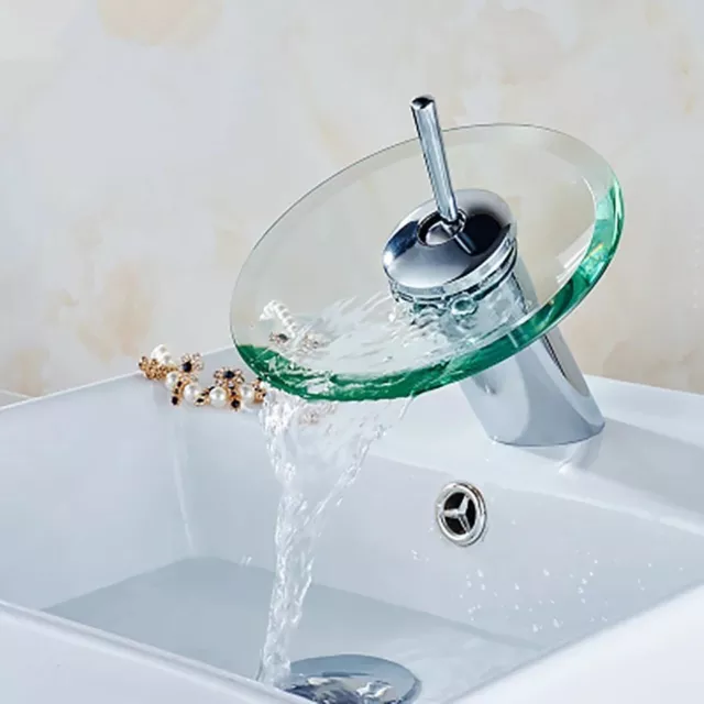 Evier en verre trempé feuille L 55 cm avec robinet cascade pour salle de  bains