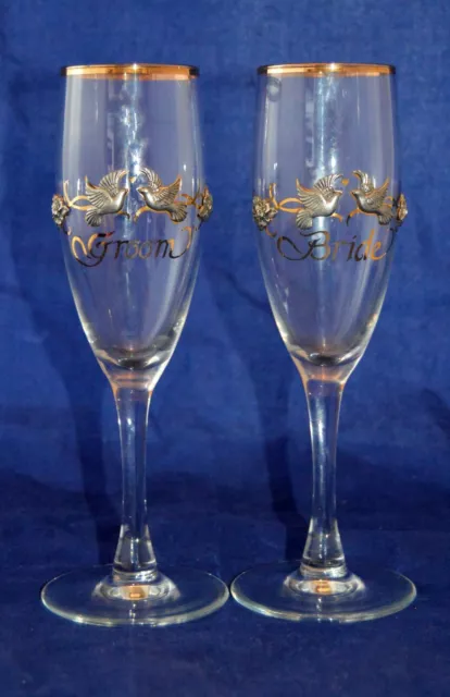 Rawcliffe Bride & Groom Toasting Flute Wedding Glasses Vintage Pewter Doves VTG!