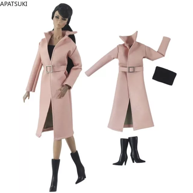 Rosa Lederkleidung Set für Barbiepuppe Outfit Mode Langer Trenchcoat Top Stiefel