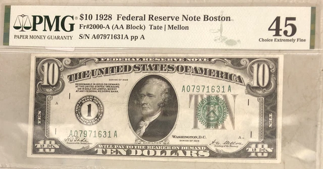 1928 $10 FRN Boston PMG 45 Choice Extremely Fine