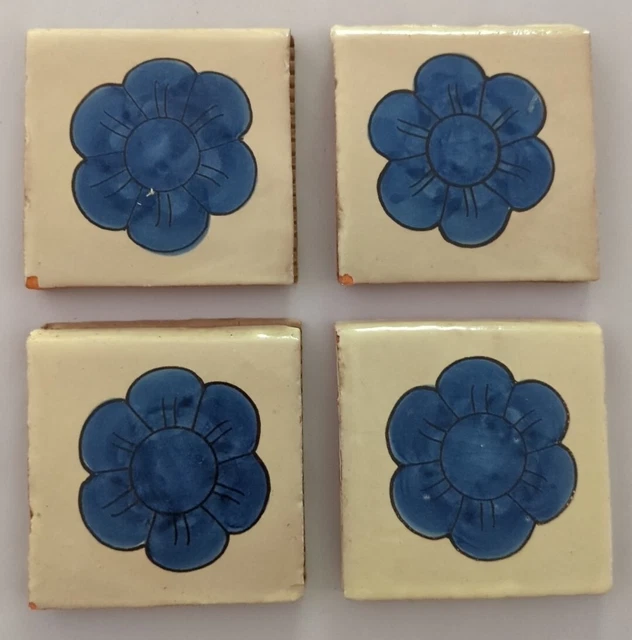 4 Hand Painted Vintage Terracotta Tile Backsplash Mexican Folk Art Crafts 4x4"