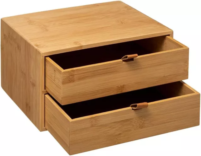 Caja de Almacenaje 2 Cajones En Bambú Con Pestaña Símil Cuero Sdb Cocina