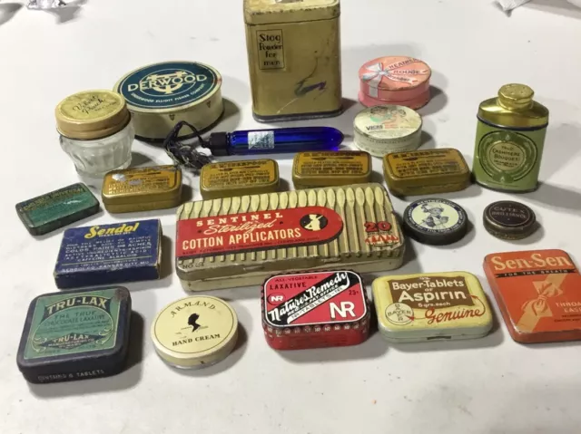 21 Antique Advertising Tins, Bottles, Perfume, Laxative, Inkspoons, Sen-Sen