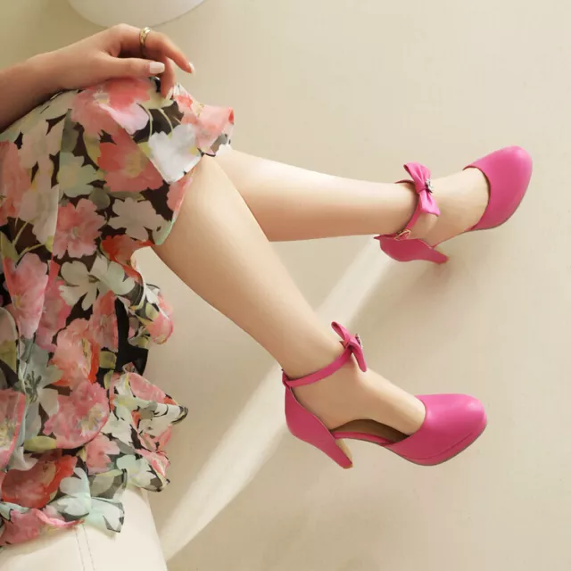 Womens Closed Toe Lolita Bowtie Mary Jane High Heel Ankle Strap Shoes Dress Pump