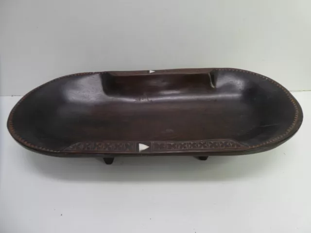 Pacific Trobriand Island Wooden Carved Timber Footed Ceremonial Bowl Pearl Inlay