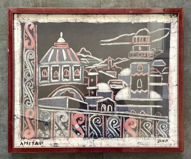 Vintage Batik Art Cityscape Mid-Century Black & Red Artwork Signed