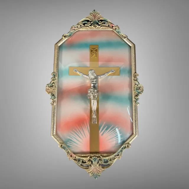 Antique Vtg Octagon Ornate Metal Framed Crucifix In Bubble Convex Glass 20 X 12”