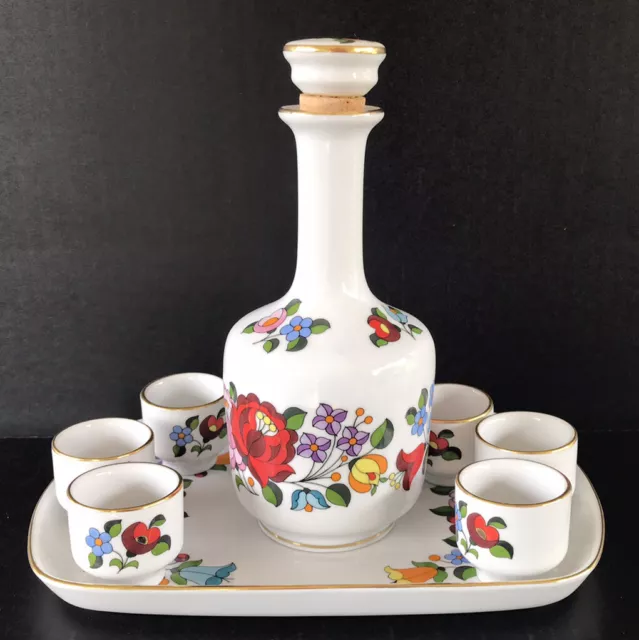 Vintage Kalocsa Hungary Hand Painted Porcelain Liquor Decanter Tray Shot Cup Set