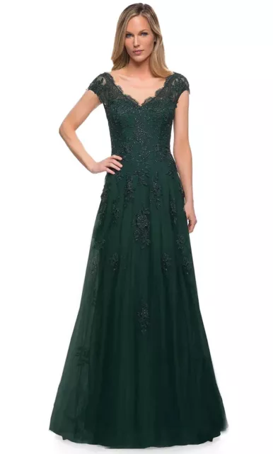 La Femme Dark Emerald Green Embellished Tulle & Lace A-Line Gown Size 18 $599