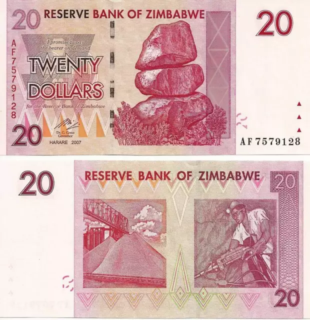 Zimbabwe 20 Dollars Uncirculated Note 2007 Prefix AF