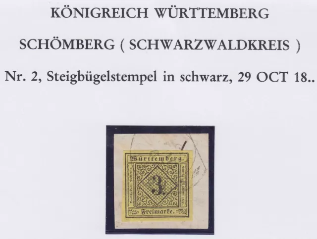 AD Württemberg Mi.-Nr. 2 o Steigbügelstempel Schömberg Feuser 3189-1 +100P.