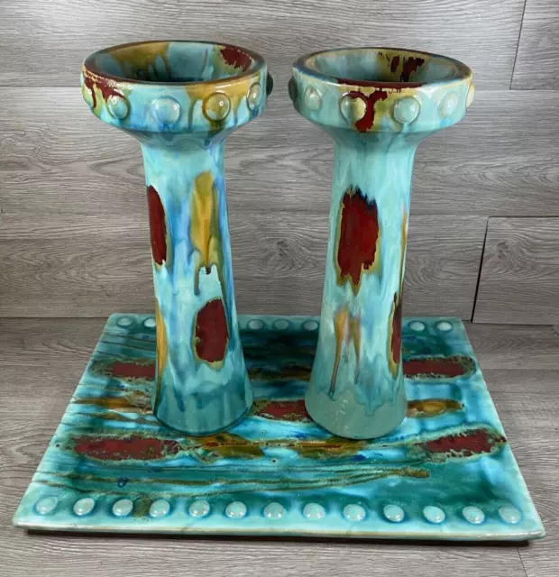 Boho Style  Ceramic Glazed Candlesticks and matching tray  Amazing colors!