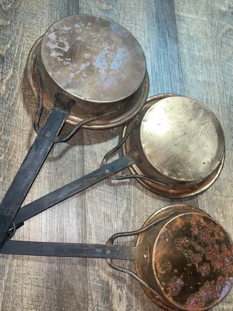 19th Century Antique Hand Forged Copper Pans Set Of 3 Handmade Primitive 2