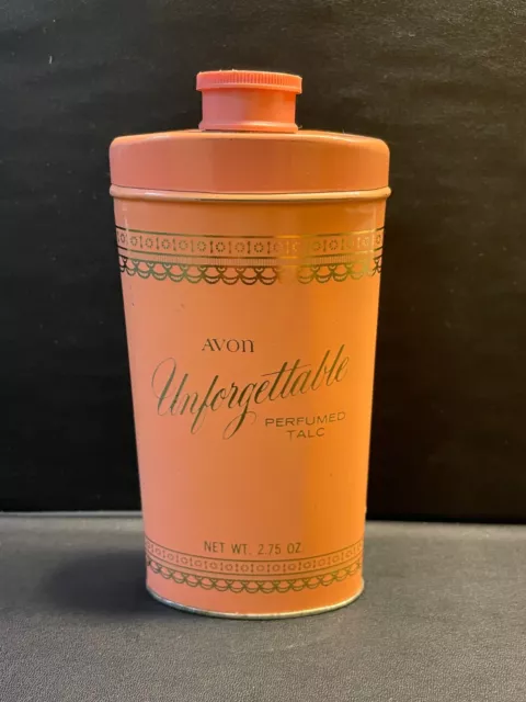 Vtg Avon Unforgettable Perfumed Talc Powder Tin ~ 2.75 Oz ~ Plastic Lid ~