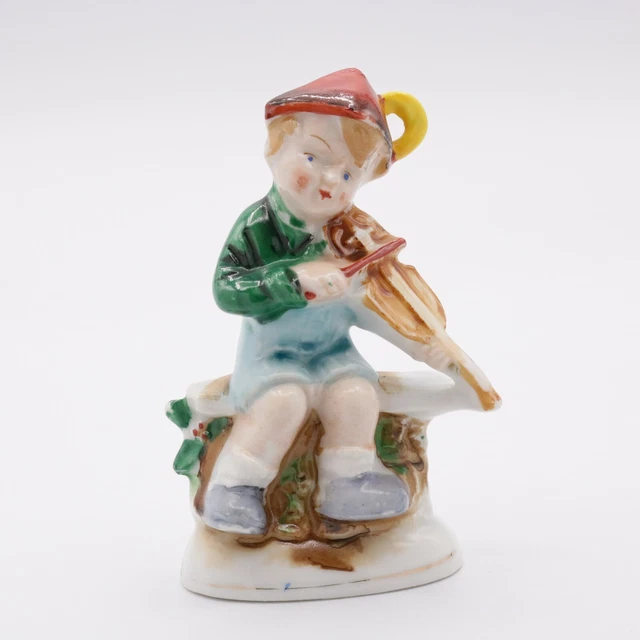Made in Occupied Japan Boy on Bench Playing Fiddle Violin Red Hat Ceramic Figure
