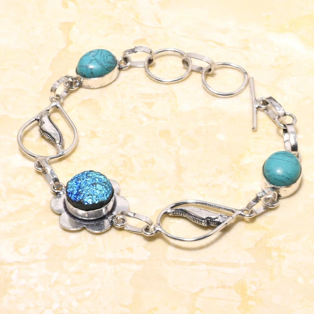 Titanium Druzy, Turquoise Gemstone Handmade Gift Jewelry Bracelet 7-8" y858